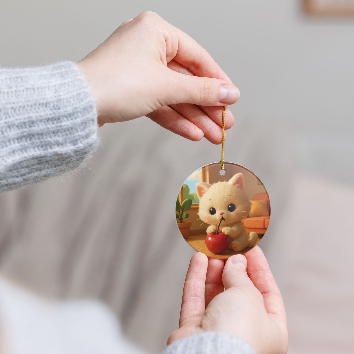 Cute Kitten with Cherry Ceramic Ornament — Cute Cat Holiday Decoration
