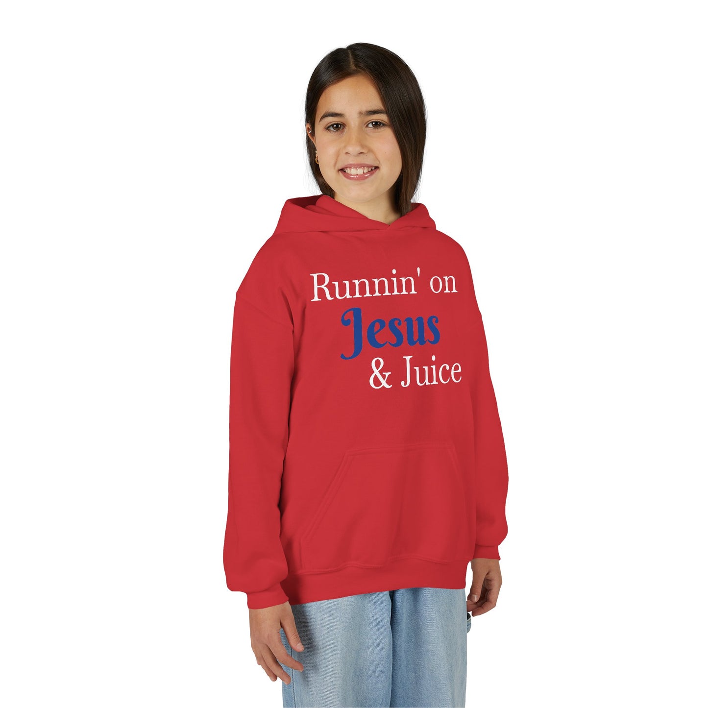 Runnin' on Jesus & Juice-Youth Heavy Blend Hooded Sweatshirt