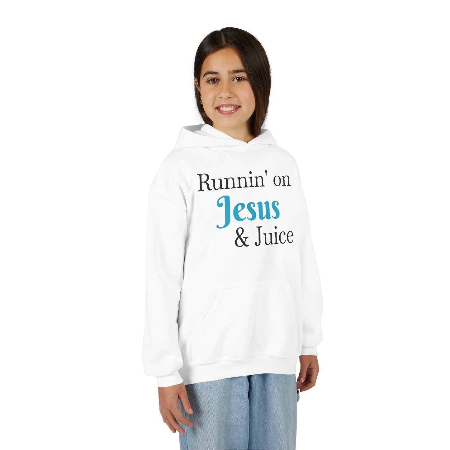 Runnin' on Jesus & Juice-Youth Heavy Blend Hooded Sweatshirt