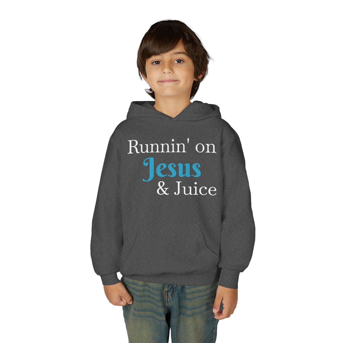 Runnin' on Jesus & Juice-Youth Heavy Blend Hooded Sweatshirt