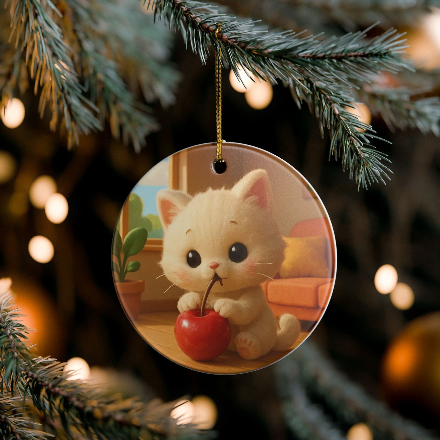 Cute Kitten with Cherry Ceramic Ornament — Cute Cat Holiday Decoration