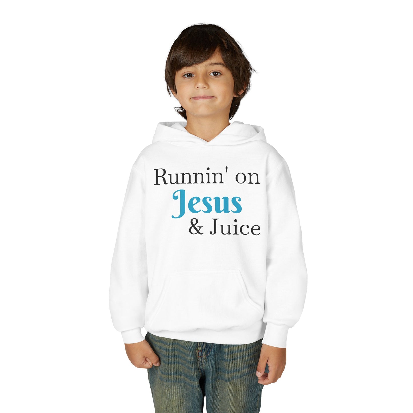 Runnin' on Jesus & Juice-Youth Heavy Blend Hooded Sweatshirt