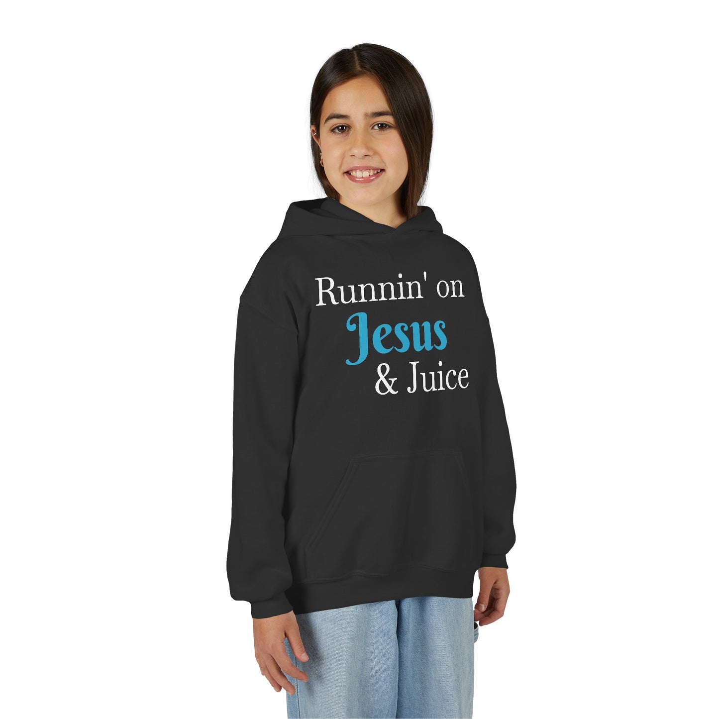 Runnin' on Jesus & Juice-Youth Heavy Blend Hooded Sweatshirt