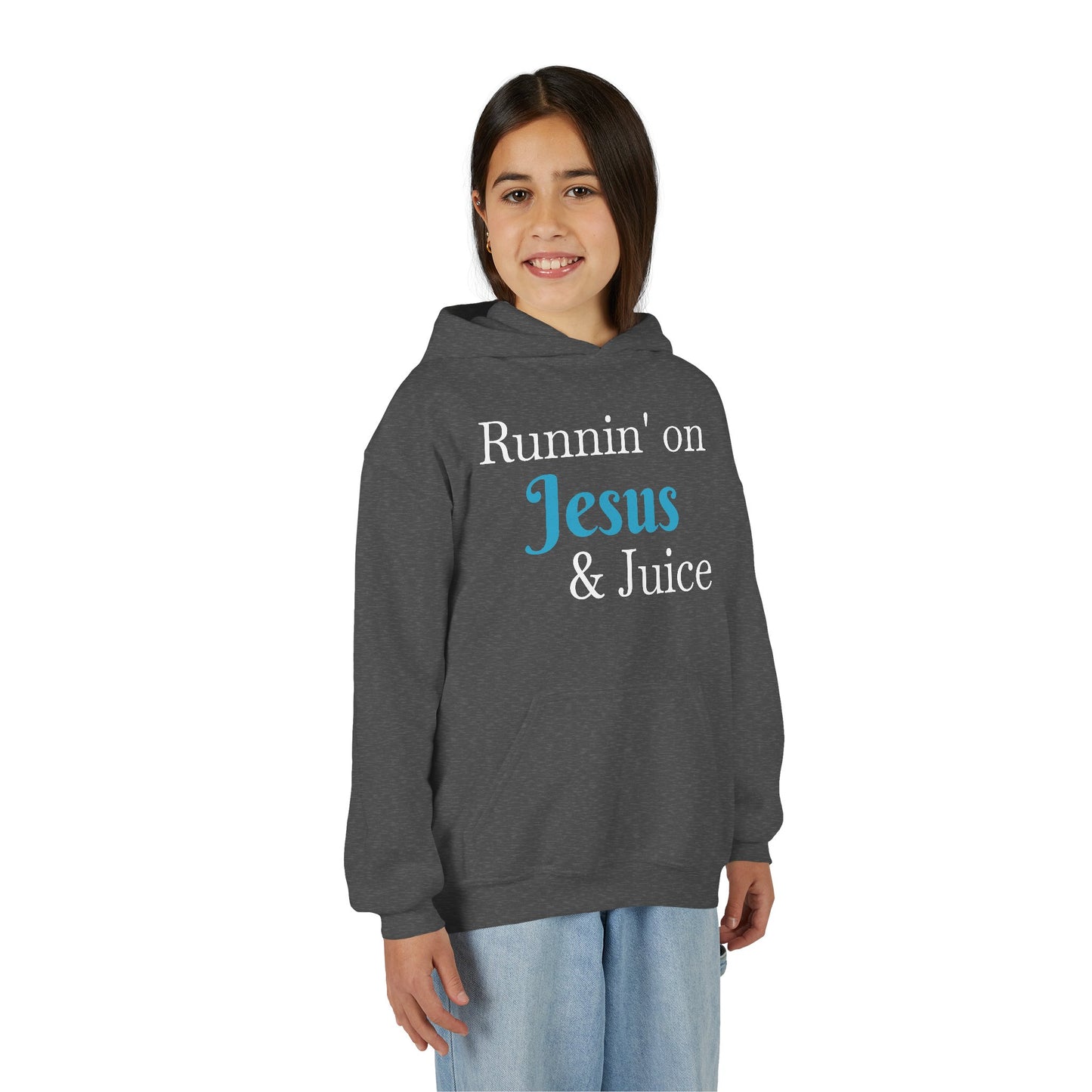 Runnin' on Jesus & Juice-Youth Heavy Blend Hooded Sweatshirt