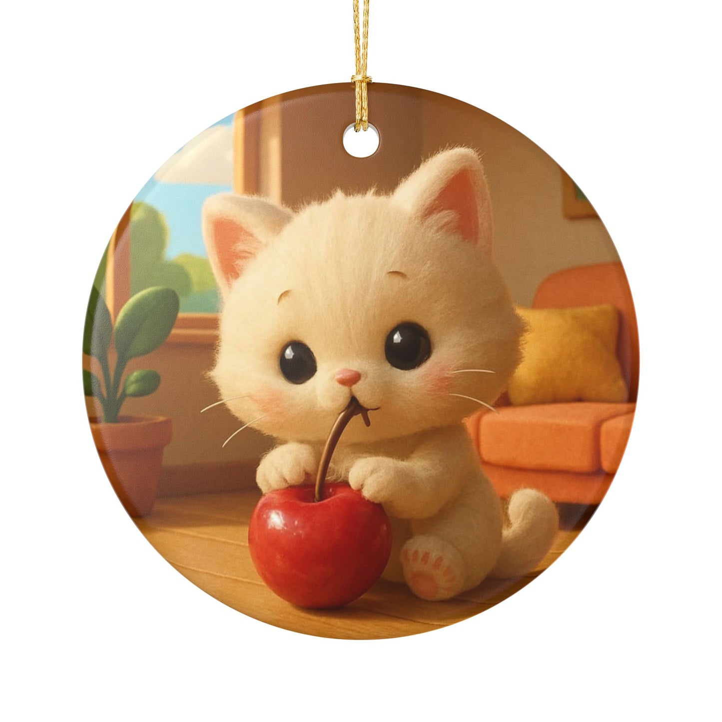 Cute Kitten with Cherry Ceramic Ornament — Cute Cat Holiday Decoration