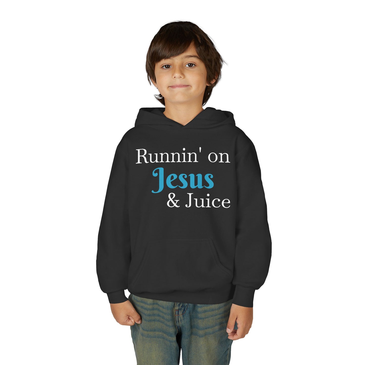 Runnin' on Jesus & Juice-Youth Heavy Blend Hooded Sweatshirt