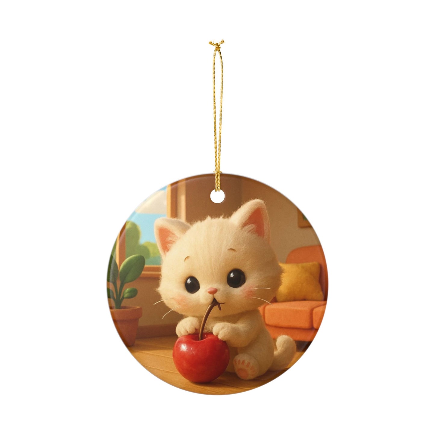 Cute Kitten with Cherry Ceramic Ornament — Cute Cat Holiday Decoration