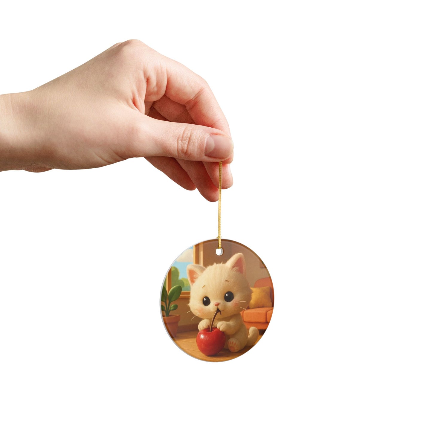Cute Kitten with Cherry Ceramic Ornament — Cute Cat Holiday Decoration